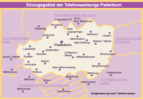 Karte mit dem Einzugsgebiet der Telefonseelsorge Paderborn. Das Gebiet umfasst im wesentlichen die Kreise Paderborn und Höxter sowie des östlichen Teil des Kreises Soest um Lippstadt herum.